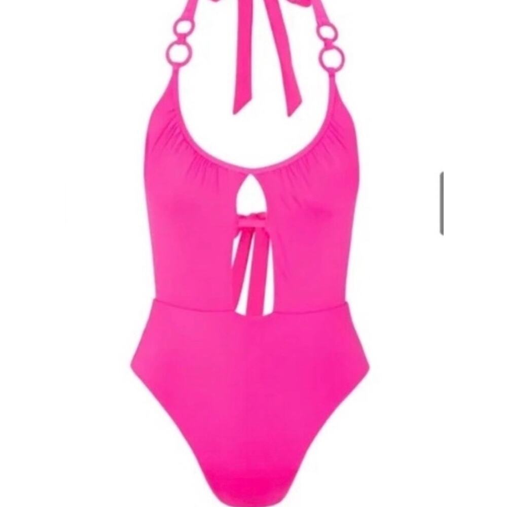 NEW Trina Turk Hot Pink Fushia Halter Sexy One-Piece Swimsuit Ring Detail Sz 10 - Picture 2 of 3